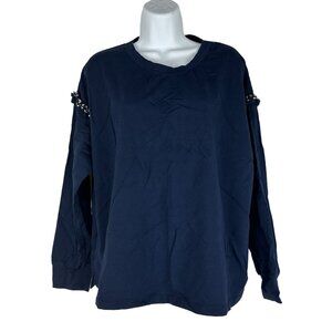 Q + A Los Angeles Navy Long Sleeve Top W/ Beaded Fringe Detail M